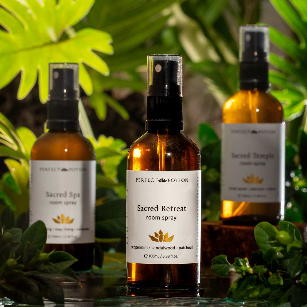 Three amber glass room spray bottles with black spray tops and white labels from Perfect Potion, including Sacred Spa, Sacred Retreat, and Sacred Temple, styled with green tropical leaves.