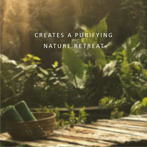A serene nature retreat scene with lush green foliage, warm sunlight filtering through the trees, a wooden deck in the foreground, and a woven basket holding rolled green mats. White text across the center reads, 'CREATES A PURIFYING NATURE RETREAT'.