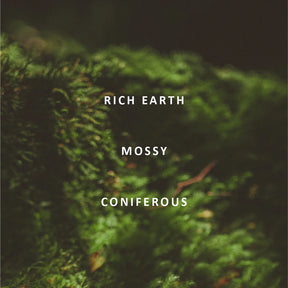 Album cover art for Rich Earth's 'Mossy Coniferous', featuring white serif text over a close-up, heavily blurred photograph of green moss.