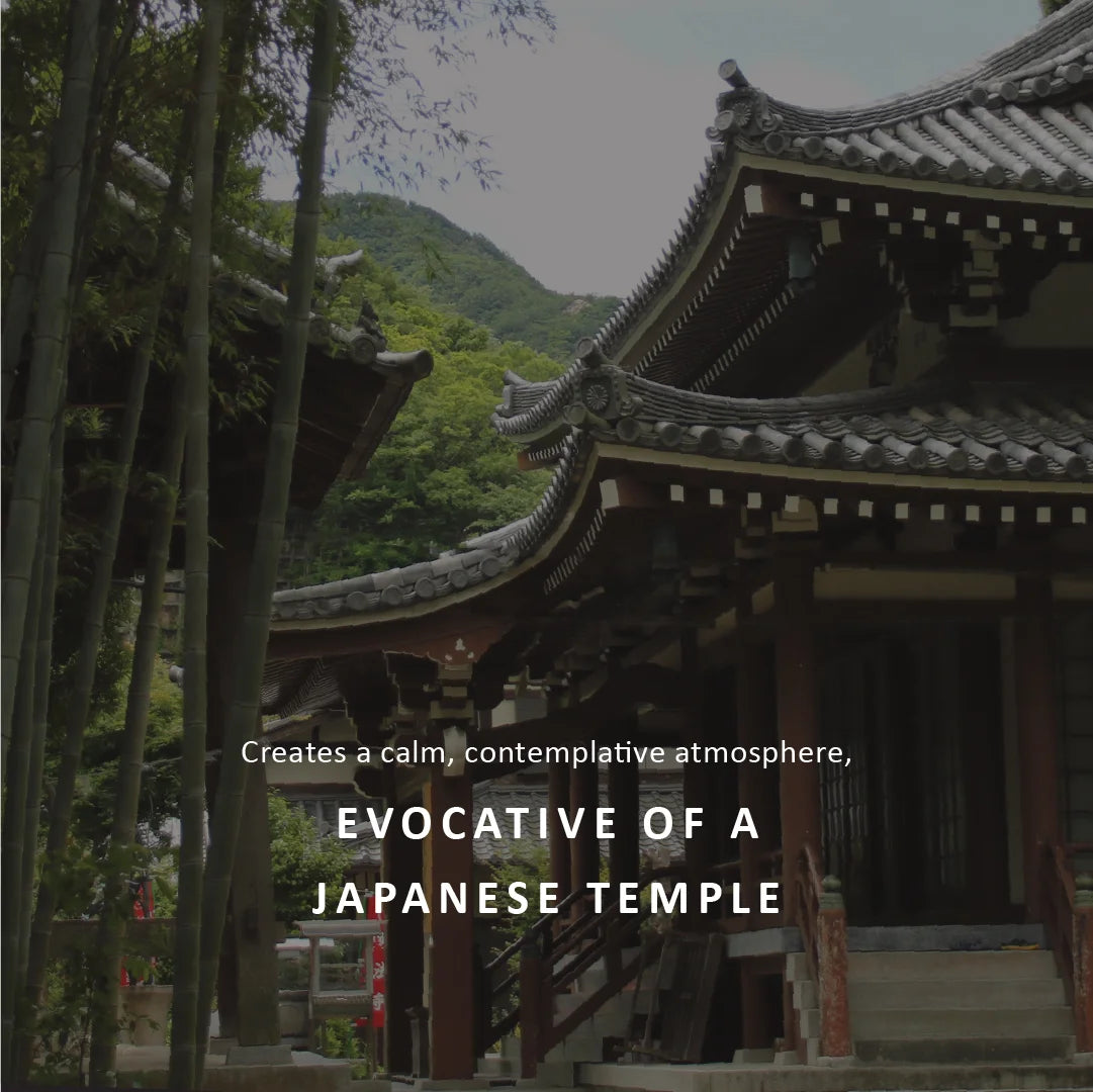 A scenic photograph of a traditional Japanese temple with dark tiled roofs, wooden structures, and tall bamboo trees, with overlaid text reading 'Creates a calm, contemplative atmosphere, EVOCATIVE OF A JAPANESE TEMPLE'.